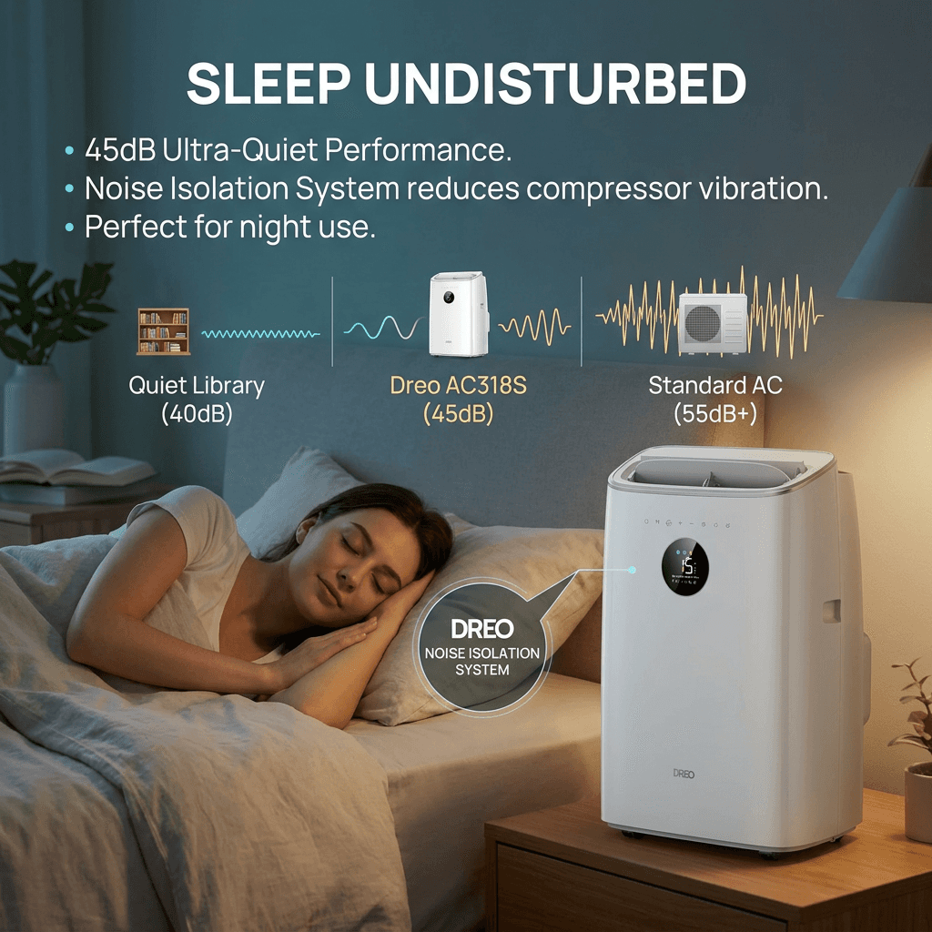 AI-generated Amazon infographic for a quiet portable air conditioner