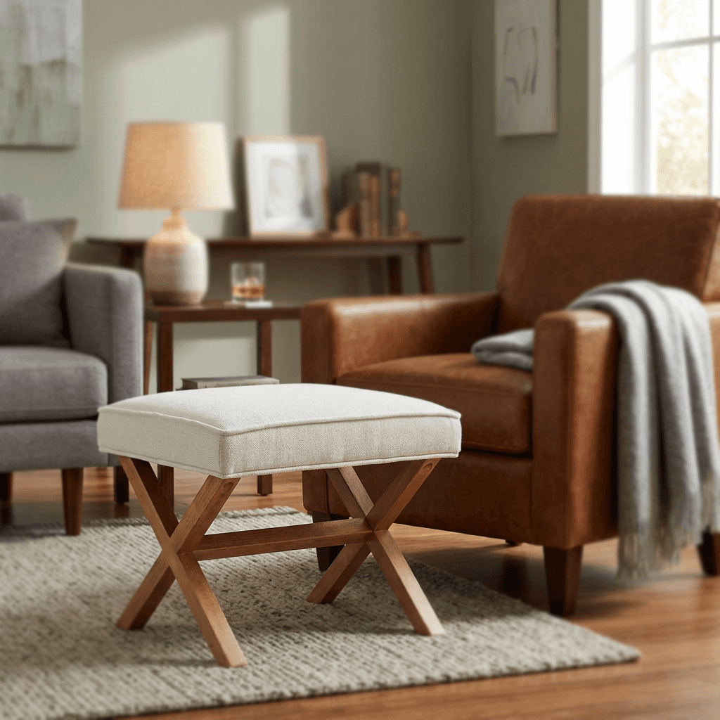 Lifestyle image of an upholstered ottoman generated with Visual DNA