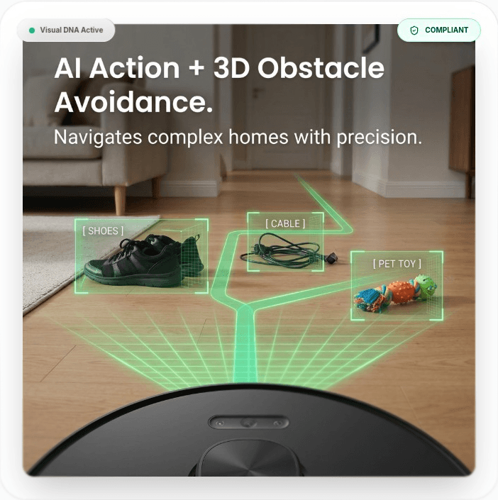 Compliance-checked robot vacuum listing image with obstacle detection overlay